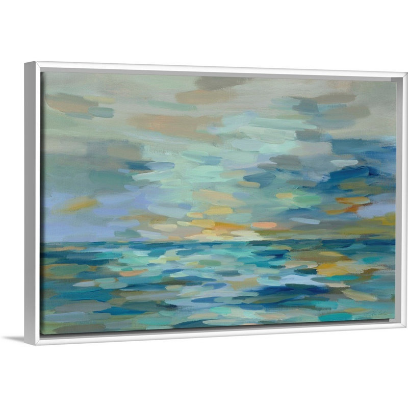 «Pastel Blue Sea» par Silvia Vassileva - reproduction, H 22 po x l 32 po x P 1,75po, Cadre flottant blanc