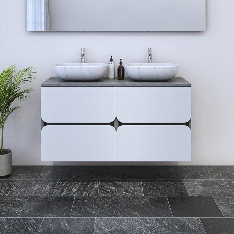 Meuble-lavabo double 47,2 po avec dessus Kaydin, Blanc, Béton