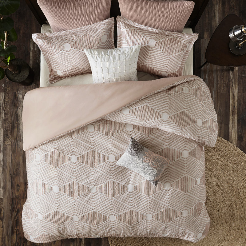 Édredon de coton géométrique rosé lavable à la machine et élégant, Édredon très grand + 2 taies décoratives