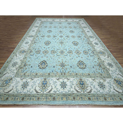 12'2"x15'3" Sapphire Blue, Agra, Shah Abbas Flower Vines Design, Vegetable Dyes, Hand Knotted, Pure Wool, Denser Weave, Oversized, Oriental Rug