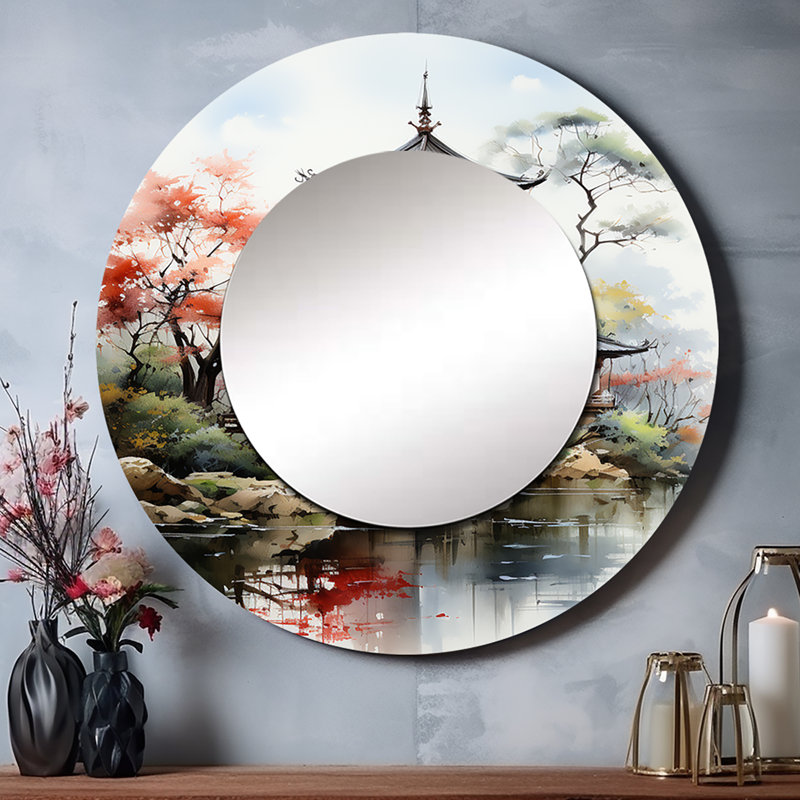 «Asian Art Serene Pagoda IV», grand miroir décoratif corail, art mural en métal, 36 po x 36 po