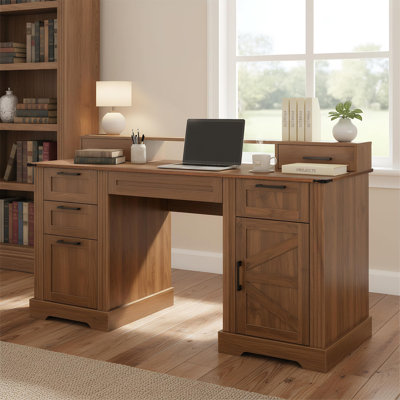 59.5" Farmhouse Executive Desk With Hutch, Computer Desk With 6 Drawers And Charging Station