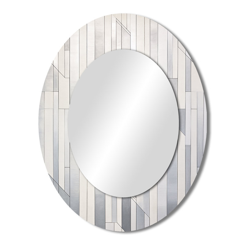 Gris gris blanc platine - Miroir décoratif abstrait ovale sur métal, 43 po x 33 po