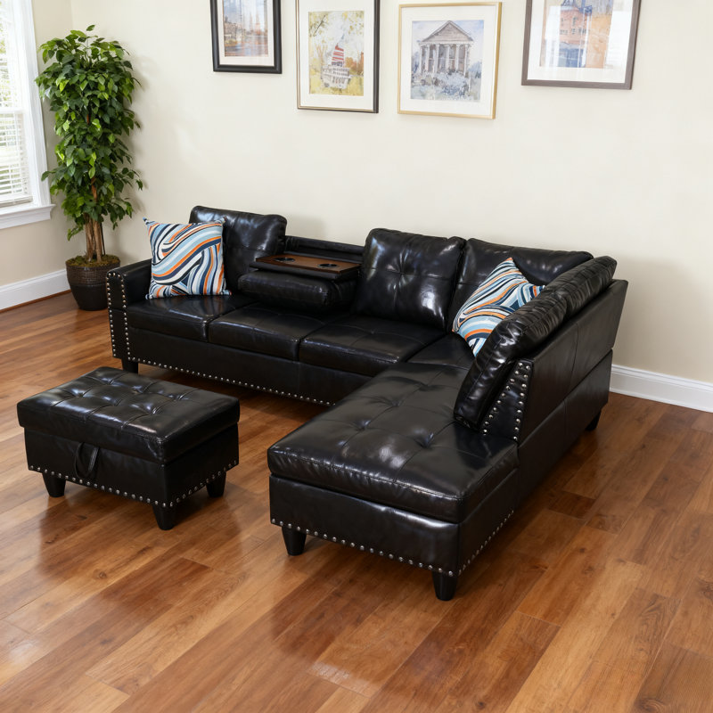 Ensemble de canapé noir avec repose-pieds, table basse réversible et méridienne fendue, Orienté à droite