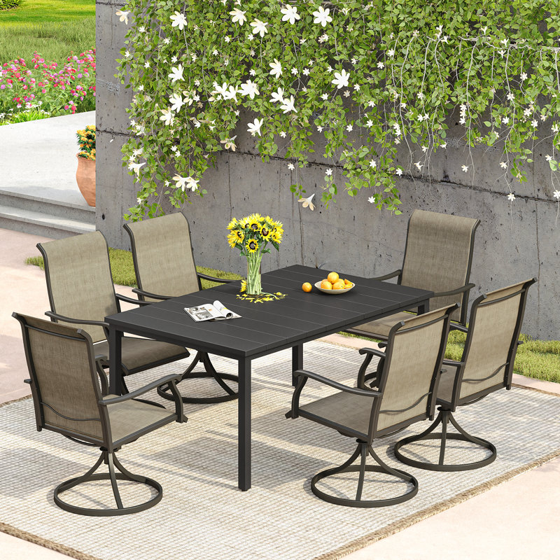 Naasir 6 - Person Patio Dining Set with Rectangular Table, Black Table/Brown Chair