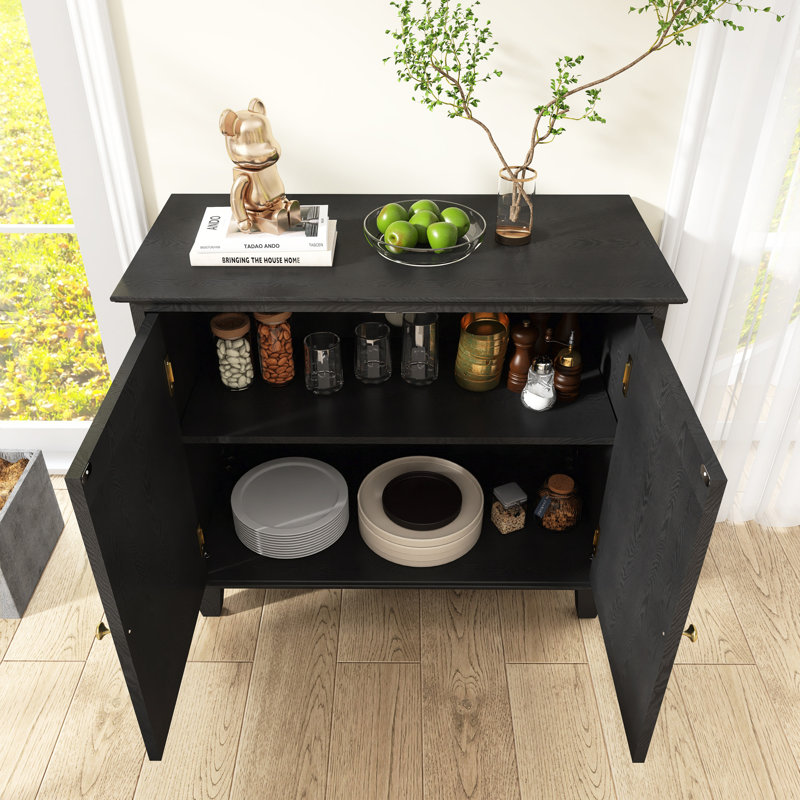 Buffet rétro l 33,6 po avec tablette réglable, pieds en bois massif, Noir