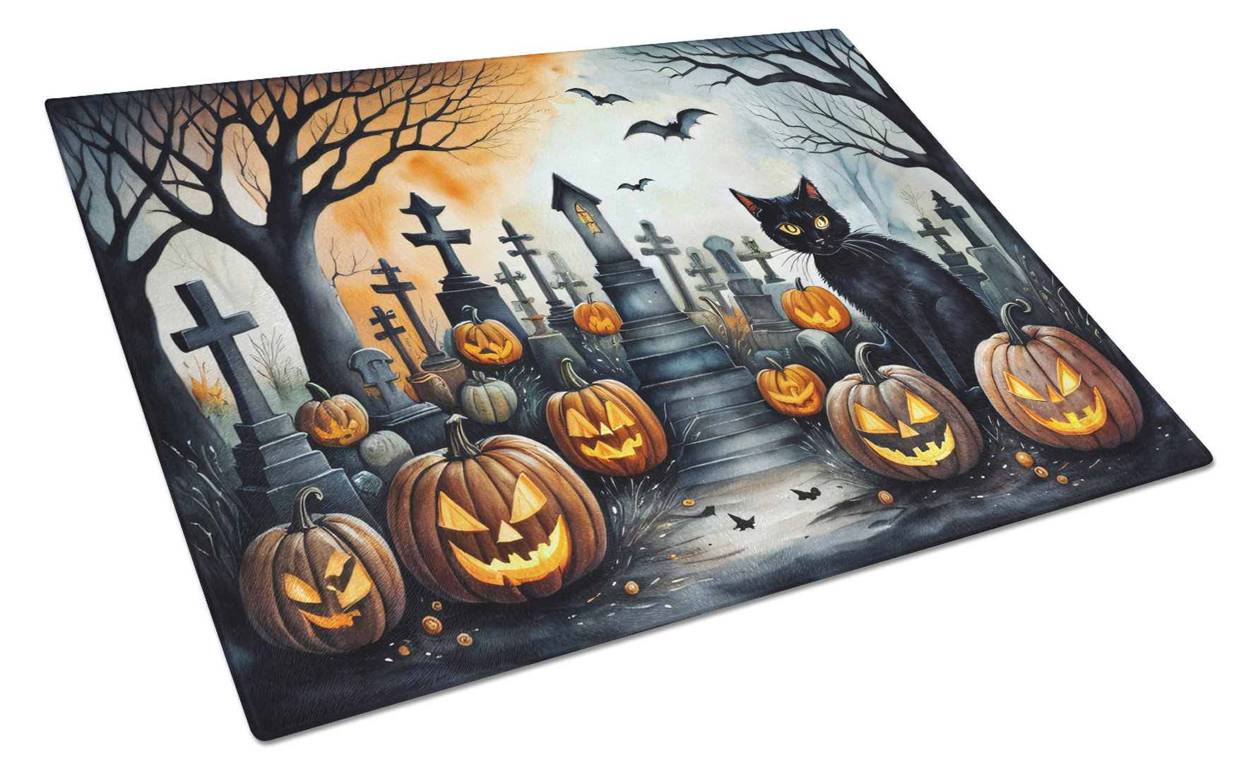 Caroline's Treasures Black Cat Spooky Halloween Glass Cutting Board ...