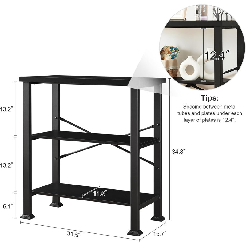 Black 3-Tier Adjustable Metal Frame Bookshelf