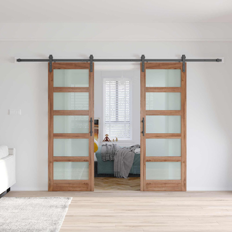 Porte de grange double en bois manufacturé en verre brun avec trousse de quincaillerie d'installation, 64 po x 80 po