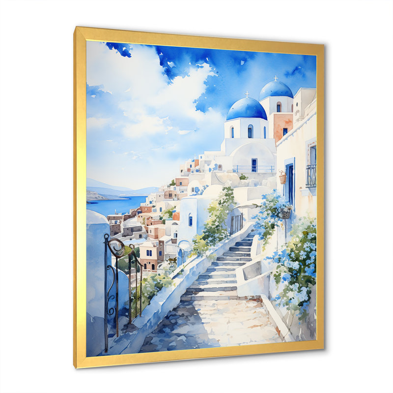 "Village côtier des îles grecques III", Cadre doré simple, H 32 po x l 24 po x P 1 po