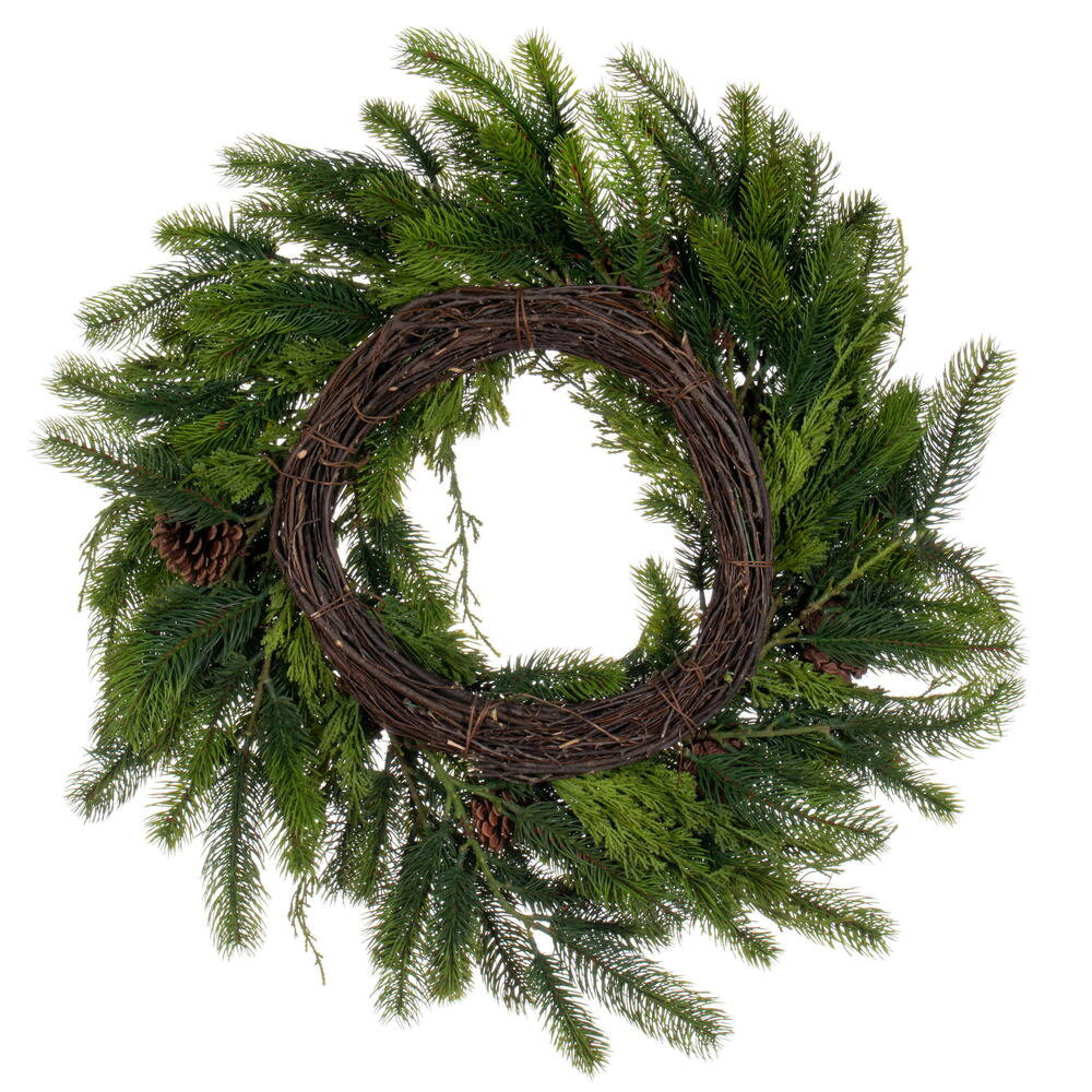 Faux Pine Polyethylene Plastic Wreath, 24" H x 24" W x 24" D