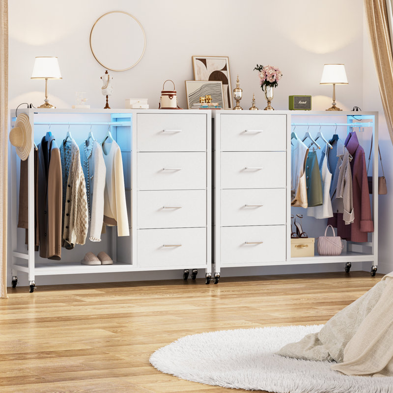 Nasin 4 Drawers Dresser with Clothes Rack, Charging Station and LED Lights, White