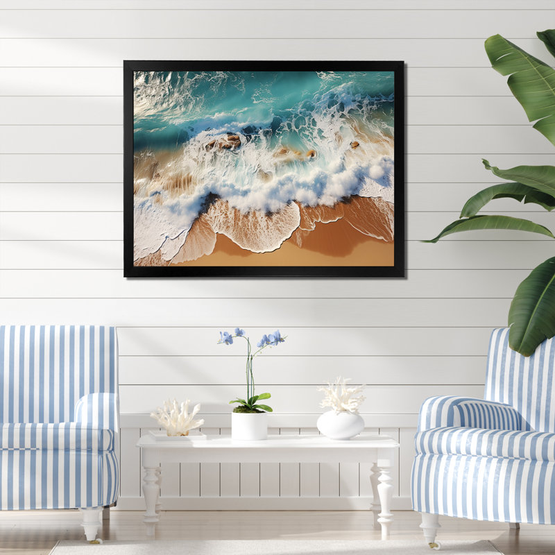 Ciel bleu ciel, vagues côtières III - art mural plage, Cadre d'angle fermé noir, H 30 po x l 40 po x P 1,5 po