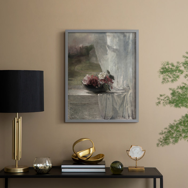 Impression florale rétro avec encadrement en bois massif, Gris, H 11 po x l 9 po