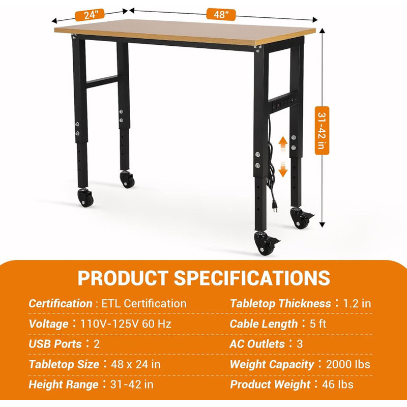 Établi de garage 48 po à hauteur réglable avec prise de courant, table de travail robuste avec roulettes