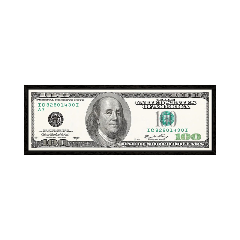 One Hundred Dollar Bill - Panoramic Print on Canvas, Black Framed, 40.64cm H x 121.92cm W x 3.81cm D