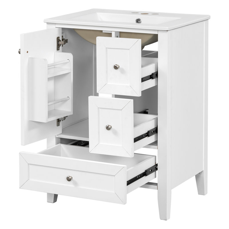 Meuble-lavabo simple autoportant de 24 po avec comptoir en céramique, tiroirs et tablettes de rangement, idéal pour les petites salles de bain
