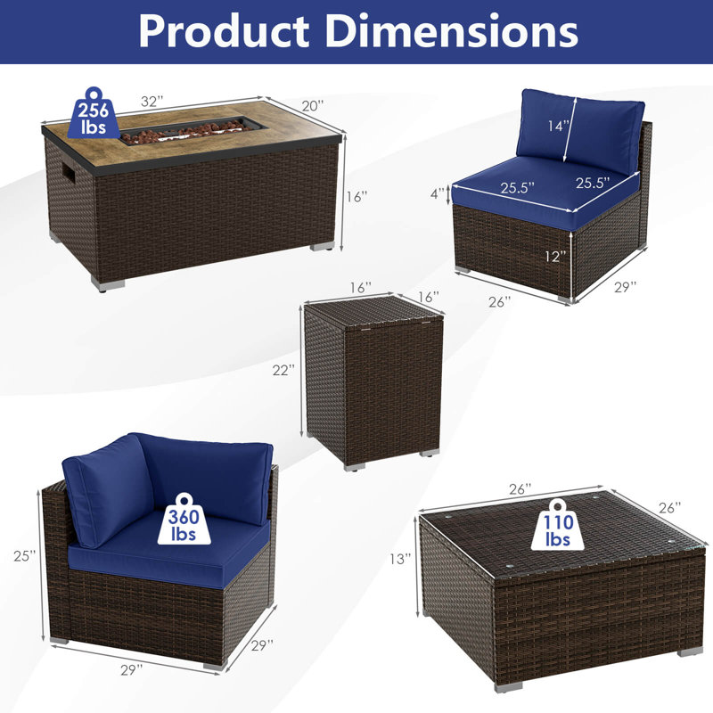 Ensemble de mobilier d'extérieur 7 pièces avec table de foyer et couvercle de réservoir de propane, Marine