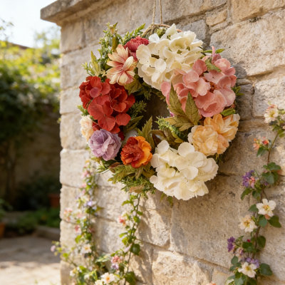 Couronne décorative de 17,7 pouces, couronne de fleurs artificielles avec fleurs mélangées