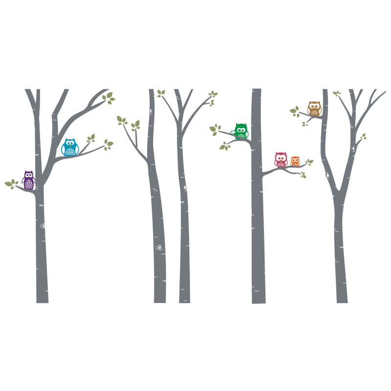 Décalcomanie murale arbres bouleau hibou, Gris