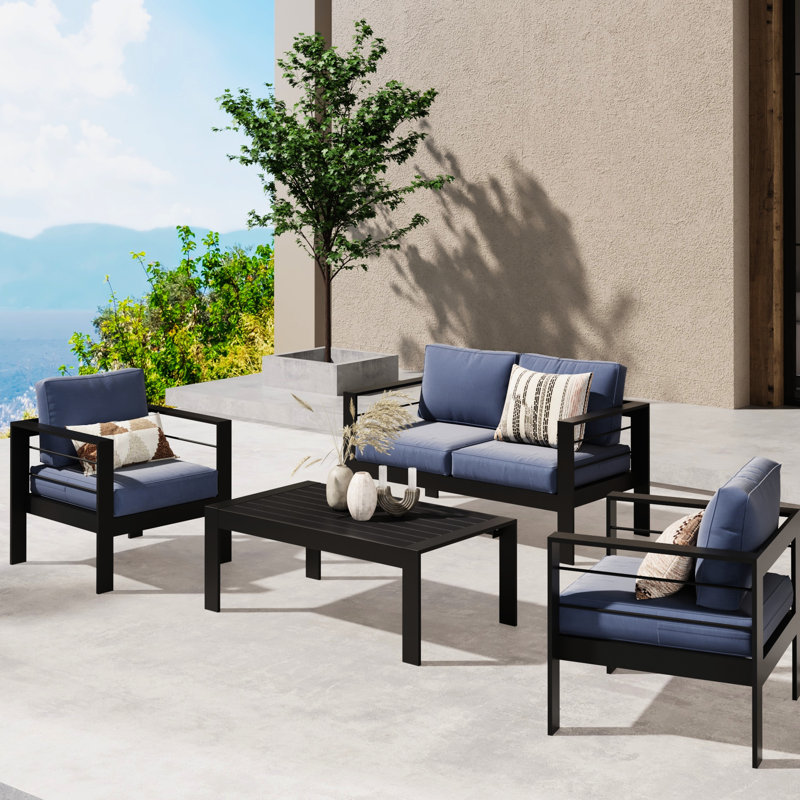 Mobilier d'extérieur à coussin épais de 5 po de couleur bleue avec stabilité en aluminium résistant aux intempéries