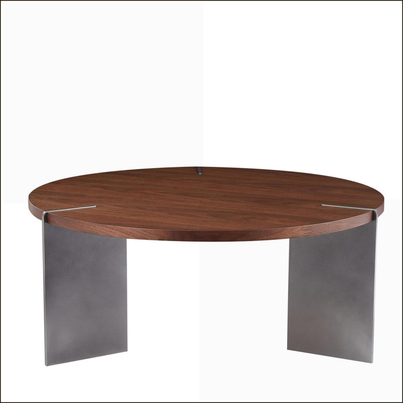 Table basse ronde en bois de noyer avec pieds en métal noir - facile à nettoyer et écologique pour le salon, Bois brun foncé