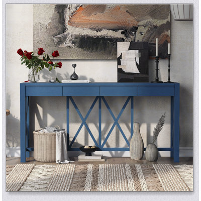 Console 60 po en placage d'acacia avec 4 tiroirs spacieux
