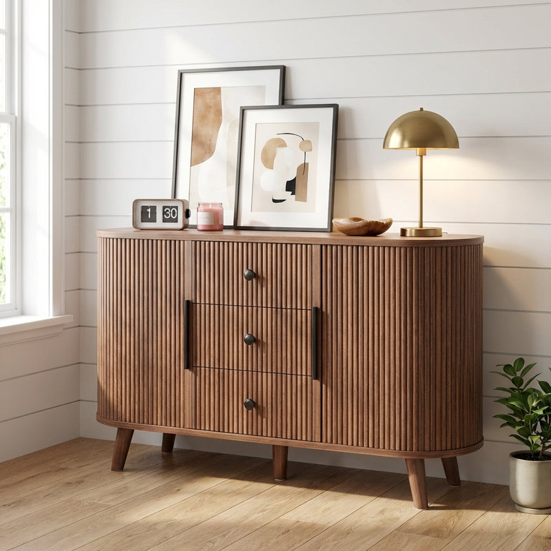 47.2" Buffet Cabinet With Storage, Mid Century Modern Fluted Cabinet With Tambour Doors & Drawers, Wood Sideboard Cabinet For Dining Room, Living Room, Entryway, Walnut