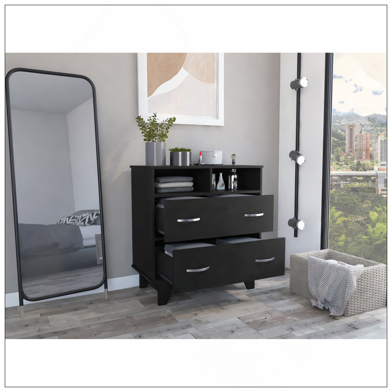 Commode à deux tiroirs, deux tablettes ouvertes, plateau, quatre pieds - noir, Noir