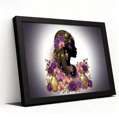 Silhouette de femme africaine avec roses mauves et vases dorés, reproduction d'art sur toile tendue sur toile