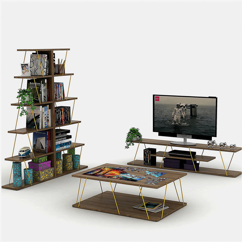Meuble télé de style médiéval moderne avec rangement à 4 couches et rangement en fil de métal de 56 po, noyer, Noyer / doré