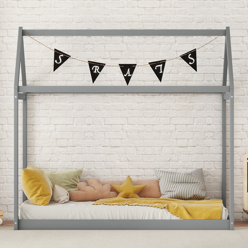Wooden House Bed, Gray