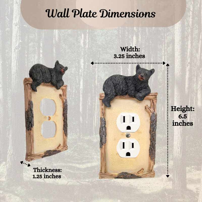 Resin Rustic Wall Plate Cover Black Bear on Logs Design