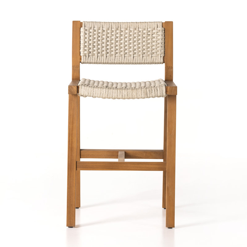 Delano Outdoor Teak Bar Stool, Counter Stool (26" Seat Height), Ivory Rope, Natural Teak