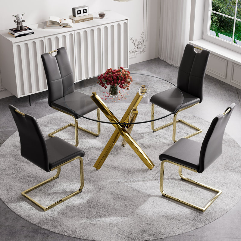 Ensemble de salle à manger 5 pièces, table et 4 chaises, H 29,52 po x L 39,3 po x l 39,3 po, Noir, Or