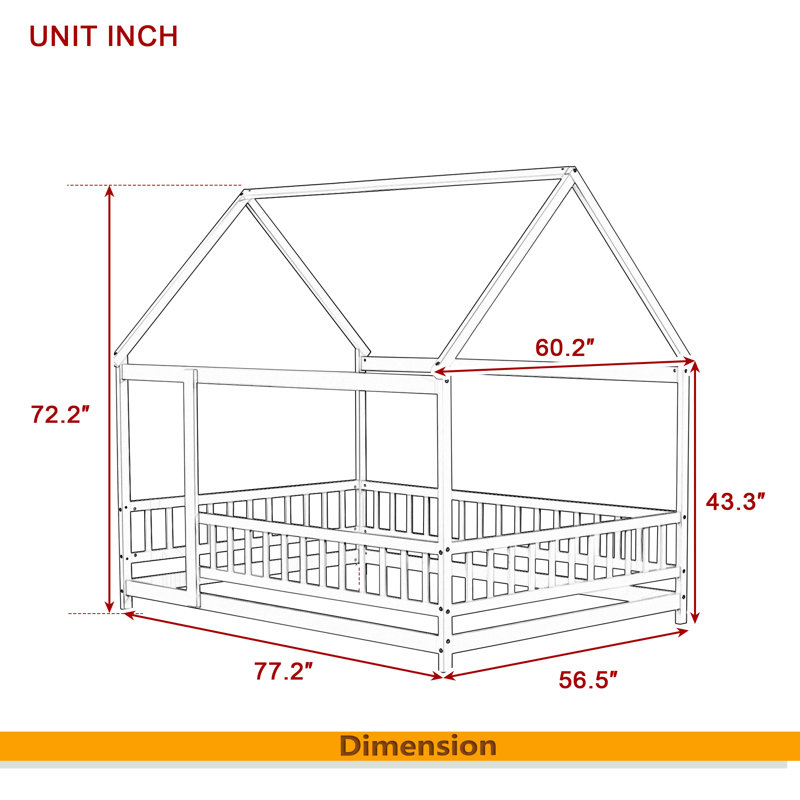 Lit en bois avec structure de toit House House, Gris, Lit double