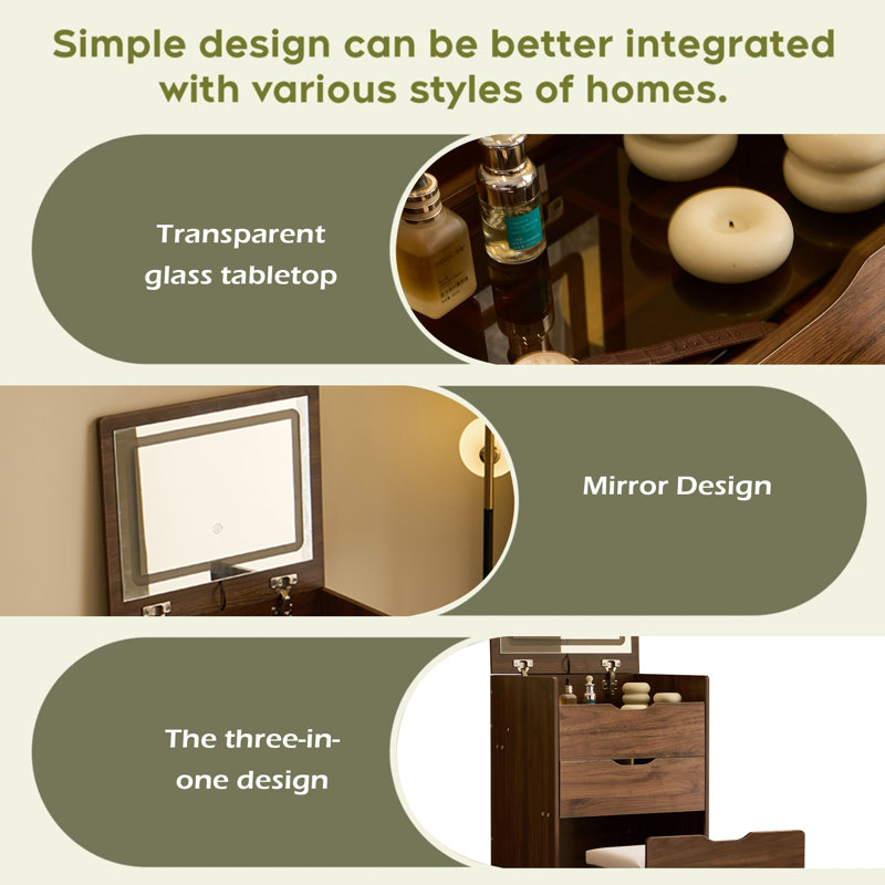 Bureau de meuble-lavabo 3 en 1 avec miroir et lumières, petit ensemble de bureau de meuble-lavabo avec plateau en verre visible, 3 tiroirs, banc de rangement, miroir d'éclairage 3 couleurs, convient au petit bureau de meuble-lavabo