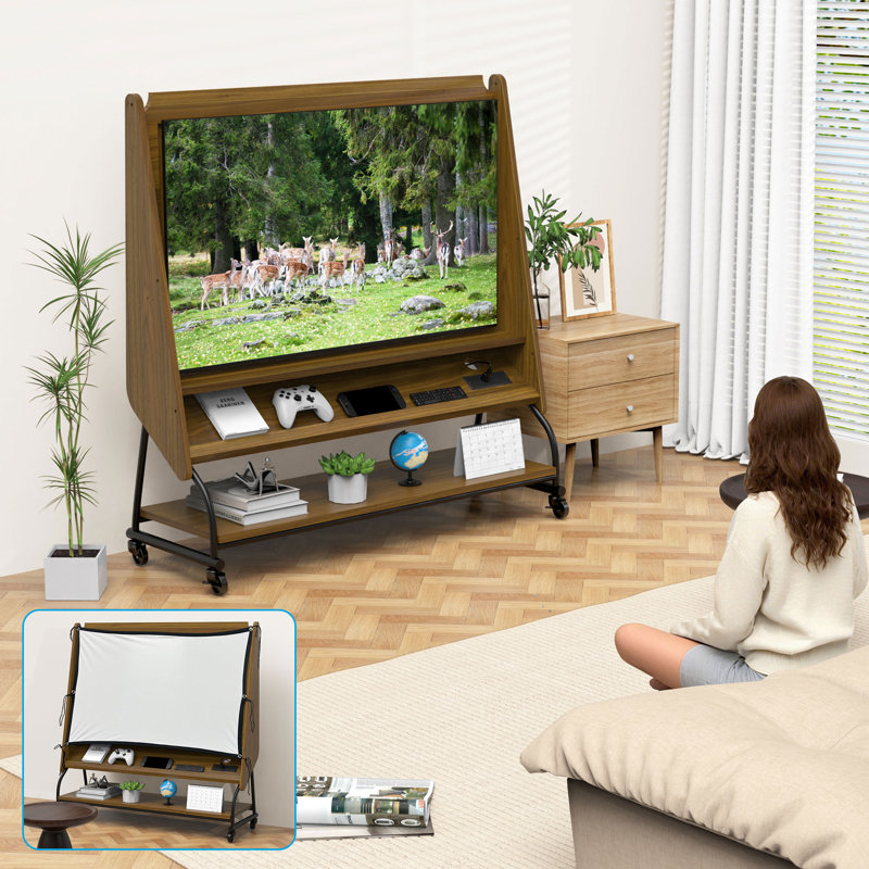 Mobile TV Stand with Mount for 32-50" TV with Projector Screen & Power Outlets - Adjustable Rolling TV Cart, MDF Wood