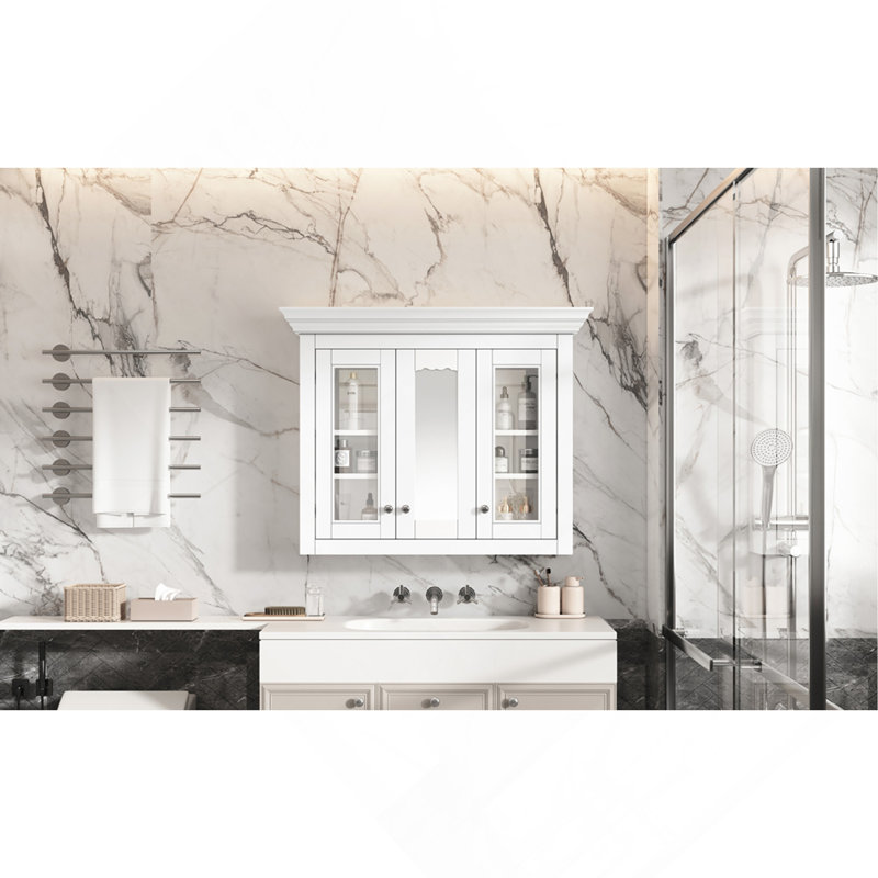 35" Bathroom Medicine Cabinet with Mirror, 5 Closed & Adjustable Shelves, Bathroom Wall Mounted Storage Cabinet with Glass Doors