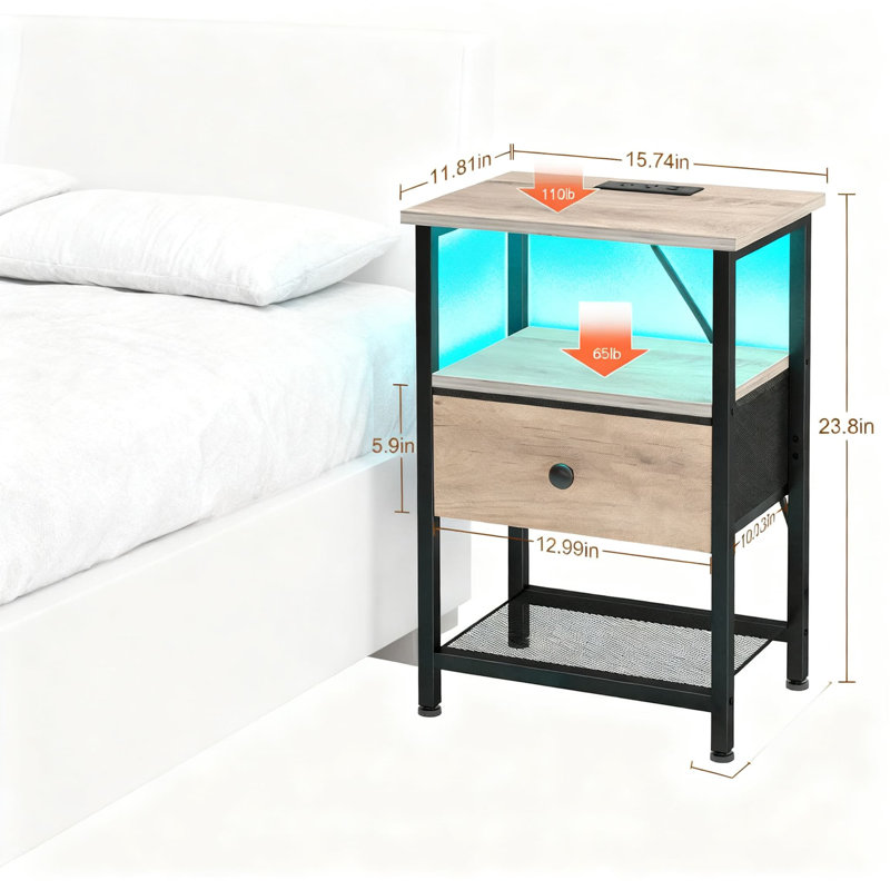 Table de chevet à DEL avec station de charge, table de chevet intelligente avec tiroir en tissu et tablette de rangement pour la chambre à coucher et le salon