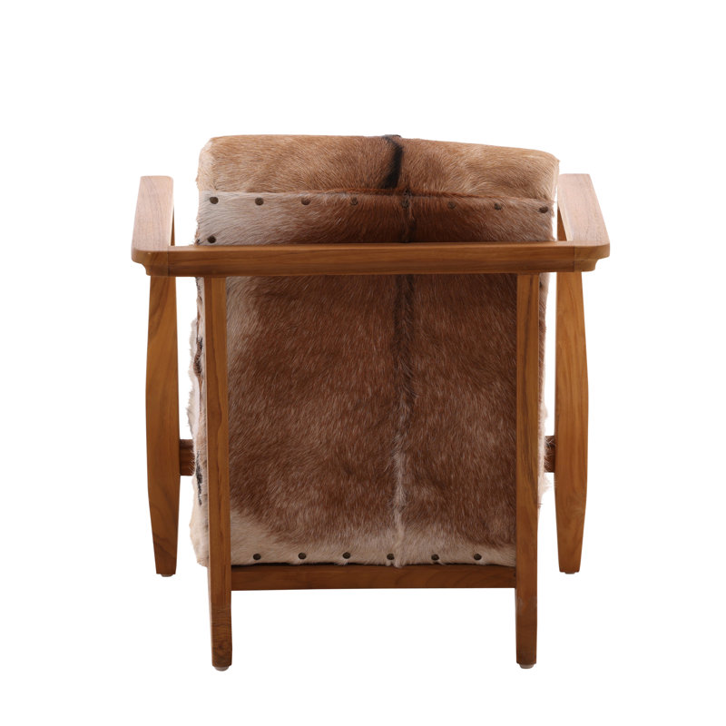 Naela Teak Upholstered Occasional Chair, Brown/White Genuine Goat Hide, Natural