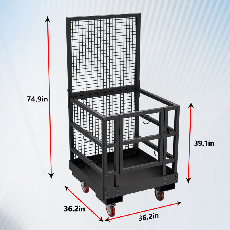 Cage de protection pour chariot élévateur, panier de chariot élévateur pour charge de 1400 lb, plateforme de travail de 36,2 po x 36,2 po avec verrou de protection, trou de bonde et roues pivotantes à 360 ° et panier à outils, parfait pour le travail aérien