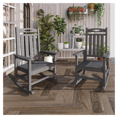 Set of 2 Grey HDPE Outdoor Rocking Chairs - Oversized Patio Garden Seating with Weather-Resistant Finish
