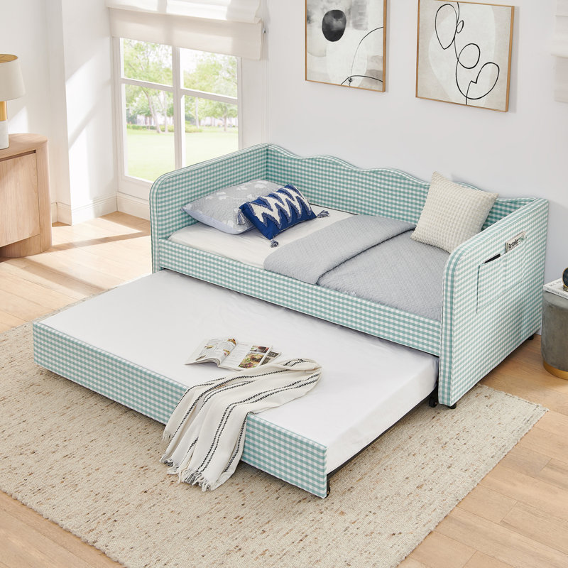 Twin‑Size Upholstered Daybed With Pull‑Out Trundle & Side Pockets, Cyan, Twin