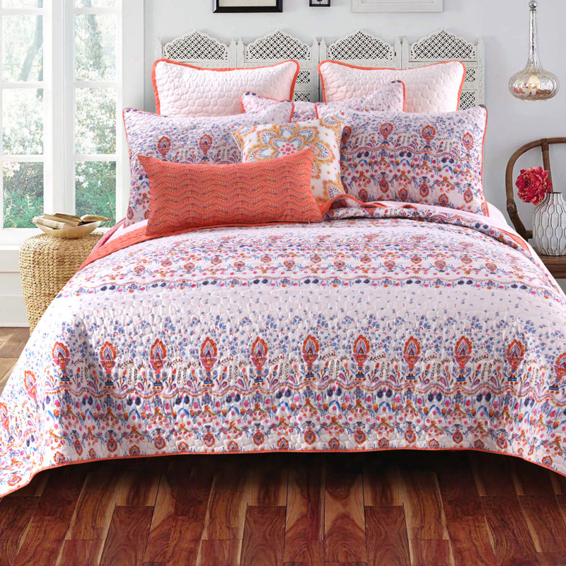 King Size Blue and Coral Microfiber Reversible Quilt Set