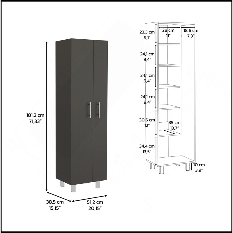 Armoire de nettoyage avec cinq tablettes et porte-balais, noir / blanc, Noir