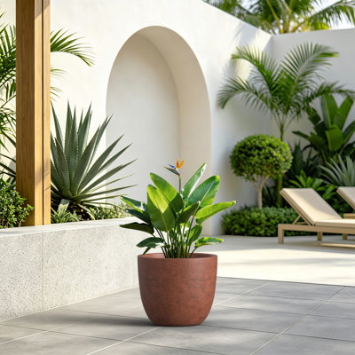 Grand pot à fleurs rond en béton brun moyen H 13,5 po x H 11,5 po avec trou de drainage pour l'intérieur et l'extérieur