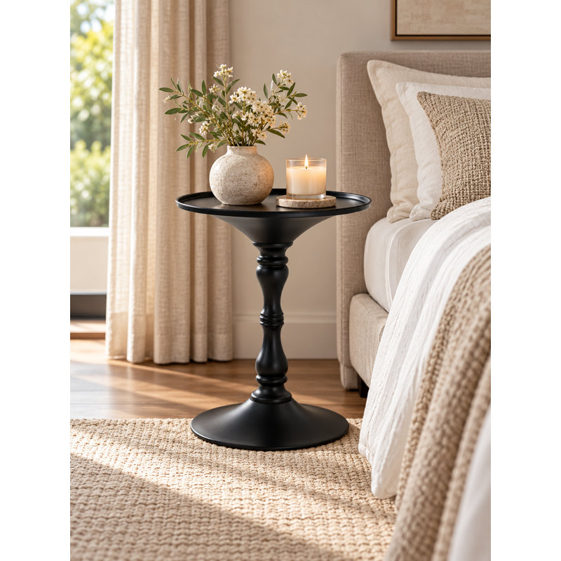 Pangea Home Beedeville Bishop Monochromatic Round Modern Pedestal Side Table – Matte Black Metal Accent Table for Living Room or Bedroom