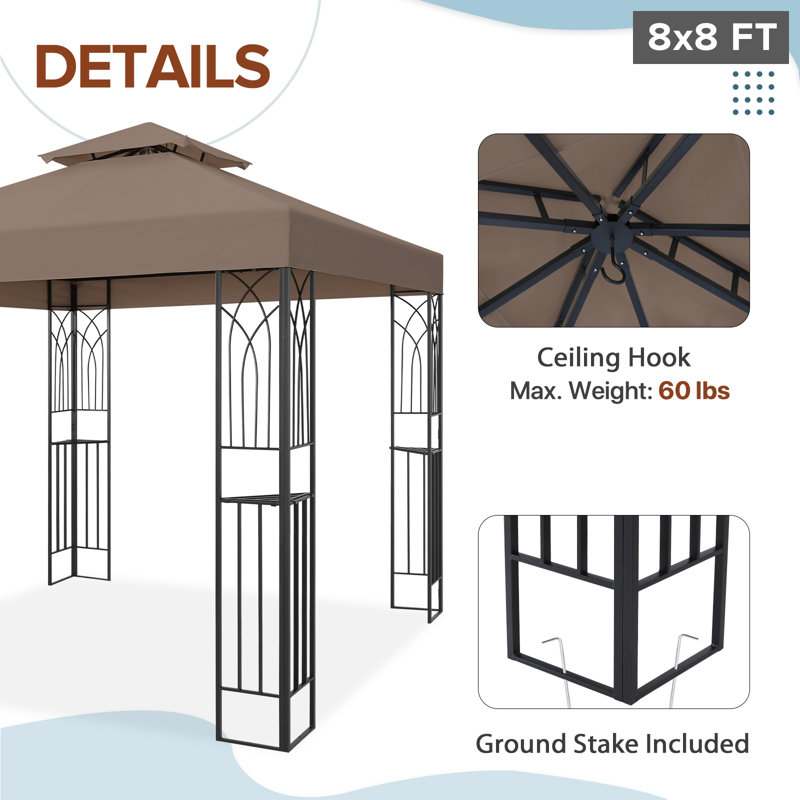 8 Ft. W x 8 Ft. D Powder Coated Steel Patio Gazebo, Brown