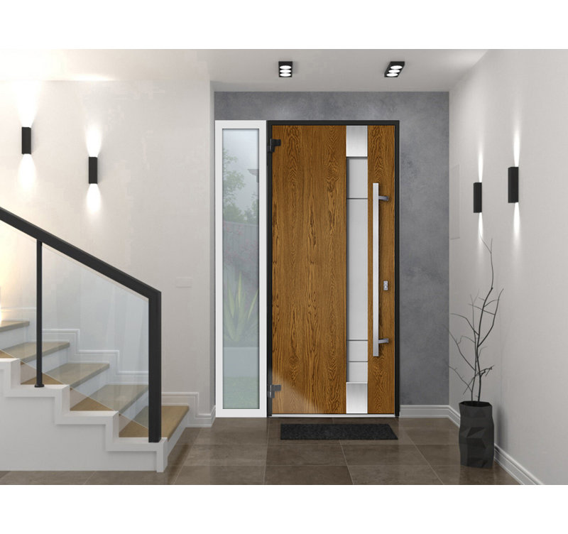 Porte d'entrée extérieure prémontée en acier Deux 1713 Chêne naturel, fenêtre latérale extérieure blanche, inserts en acier inoxydable, style moderne, peinte - L 36 + 16 x H 80 - Ouverture à droite vers l'intérieur
